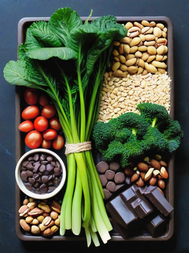 leafy green vegetables, nuts, seeds, legumes, whole grains, and dark chocolate.