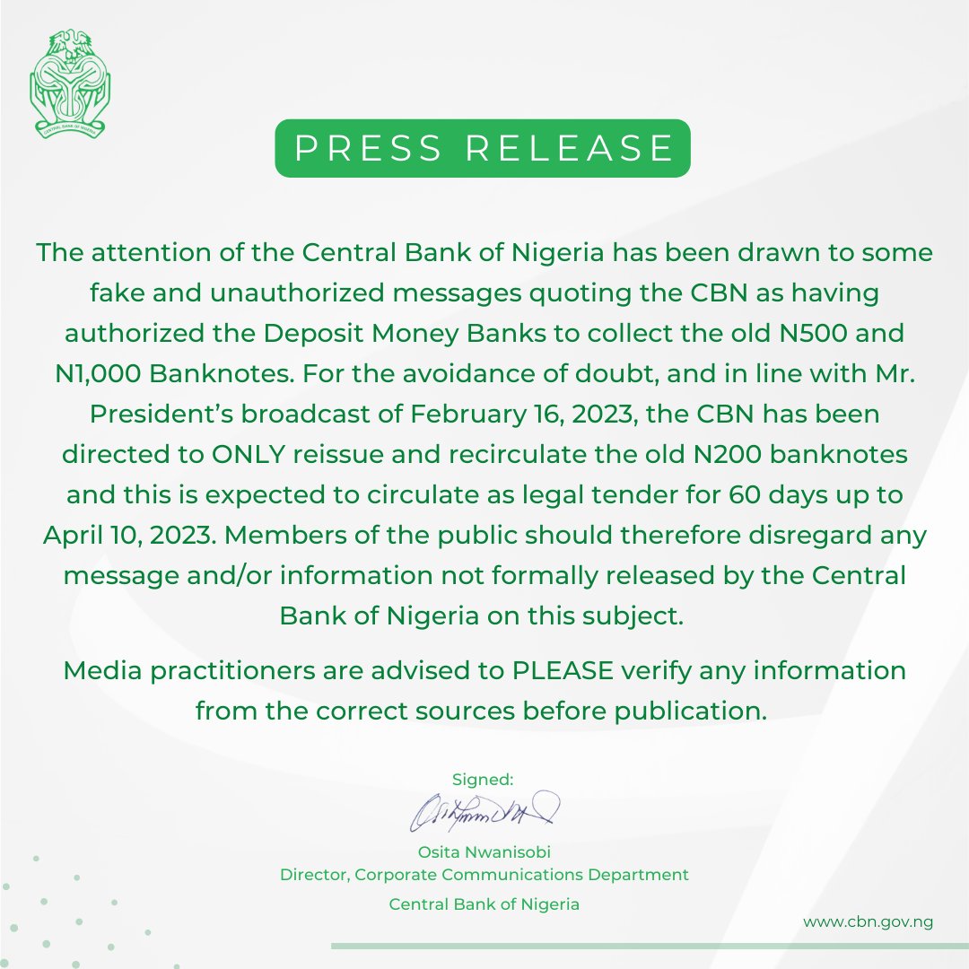 Central Bank of Nigeria's Press Release issued on Feb 17, 2023